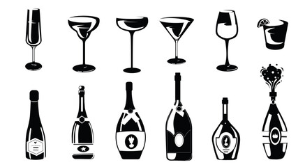 Champagne bottles black and white set. Restaurant or cafe menu, alcoholic drinks collection. Silhouettes of cork, label and metal cap. Cartoon flat vector illustrations isolated on white background
