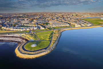 Aerial view on Famine Ship Memorial in Celia Griffin Memorial Park in Salthill area of Galway city,...