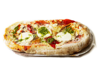 Italian style uncooked pizza on white background. Premium product with high quality ingredients.