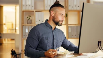 Business man, dinner and night in office with typing for project, proposal and planning for deadline. Businessman, smile and eating food by computer for schedule, goals and focus in dark workplace