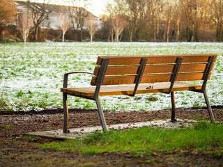 Plastic and metal bench made in classic style in a winter park under cover of trees. Field and trees in the background covered with snow. Nobody. Cold season concept.