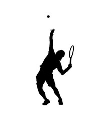 Silhouette of a male tennis player about to hit the ball, isolated on white background.