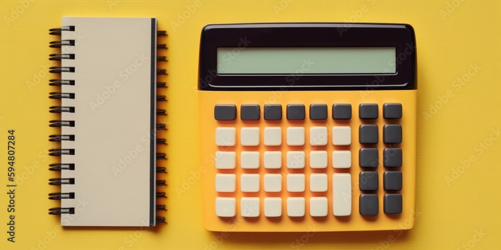 Poster flat lay of a calculator, cash notepad, and keyboard on a sunny yellow backdrop generative ai