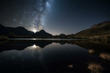 Fototapeta na wymiar Starry Night with Reflected Moon & Mountains in Lake. Generative AI