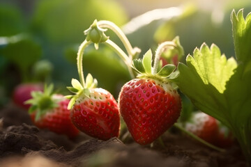Growing and harvesting of fresh red strawberries in greenhouse, summer sunny light. Generative AI