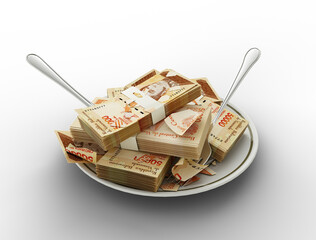3D rendering of Venezuelan bolivar notes on plate. Money spent on food concept. Food expenses, expensive meal, spending money concept. eating money, misuse of money