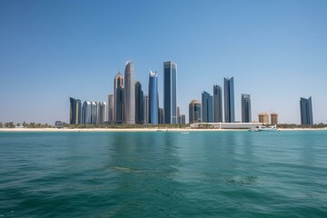 Fototapeta na wymiar Abu Dhabi city skyline along Corniche beach taken from a boat. Generative AI