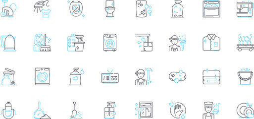 House cleaning linear icons set. Sweep, Scrub, Dust, Polish, Vacuum, Mop, Tidy line vector and concept signs. Organize,Wipe,Disinfect outline illustrations