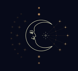 vector design with celestial bodies, crescent moon with smiling face, stars, circles, lines on dark background