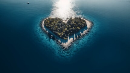 Obraz premium Love heart shape island in middle of blue sea. AI generated