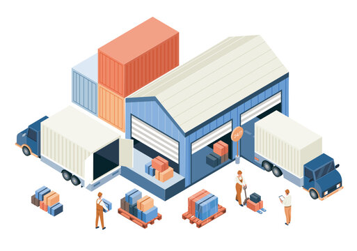 Set of logistic. Workers in warehouse with boxes near transport. Import and export of goods. Online shopping and home delivery. Cartoon isometric vector illustrations isolated on white background