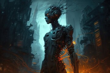 a sci - fi robot in dark scenery Generative AI