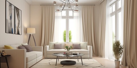 The soft rustle of freshly laundered curtains swaying in the breeze adds a touch of elegance to an immaculate living space, concept of Sensory experience, created with Generative AI technology