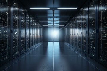 Server racks in cloud data center with database hardware and cluster computer. Backup, hosting server, mainframe processor in server room farm with storage information. AI concept. Generative AI
