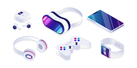 Isometric gadgets set. VR glasses, wired and wireless headphones, smartphone and joystick. Collection for games and entertainment. Cartoon 3D vector illustrations isolated on white background © Rudzhan