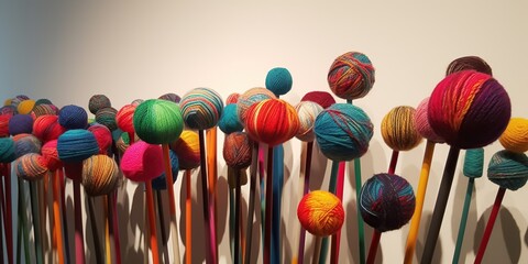 A colorful array of knitting needles and yarn balls, showcasing the art of textile creation, concept of Craftsmanship, created with Generative AI technology