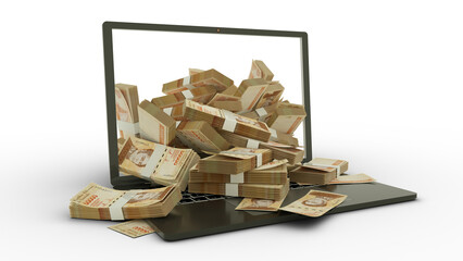 3D rendering of Venezuelan bolivar notes coming out of a Laptop monitor isolated on transparent background. stacks of Bolivar notes inside a laptop. money from computer, money from laptop - obrazy, fototapety, plakaty