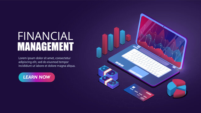 Financial management concept. Laptop with graphs and charts. Budget planning and estimation of income and expenses, work with statistics. Landing page design. Cartoon isometric vector illustration
