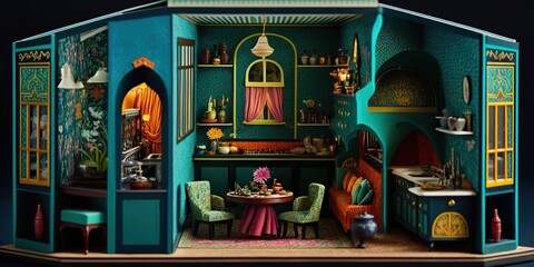 Miniature dollhouse in maximalism eclectic style, created with Generative AI technology