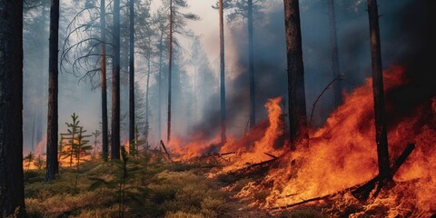 A burning forest, emphasizing the consequences of unchecked wildfires and climate change, concept of Environmental degradation, created with Generative AI technology