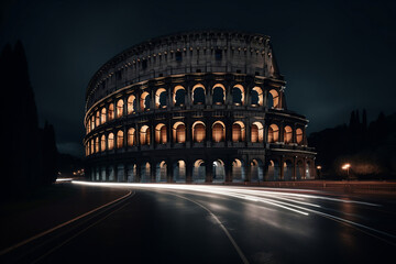 The Colosseum in Rome, photographed at night with a long exposure to capture the light trails of passing cars and create a moody atmosphere - obrazy, fototapety, plakaty