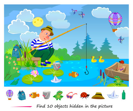 Find 10 objects hidden in the picture. Logic puzzle game for children and adults. Fisherman catching fish on the lake. Educational page. Play online. Task for attentiveness. Vector cartoon image.