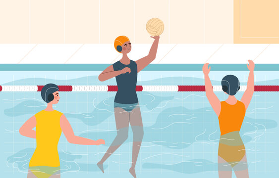 Water polo concept. Boys and girls in swimsuits play with ball in swimming pool. Active lifestyle and team sport, training. Competition and tournament. Cartoon flat vector illustration