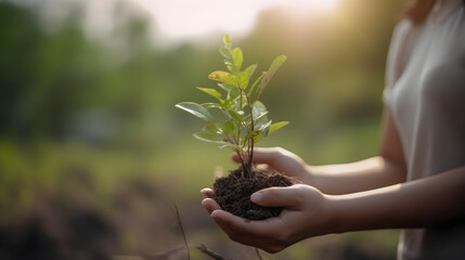 Environment Earth Day concept,  In the hands of tree planting seedlings. Bokeh green background female hands holding tree on blurred nature field.