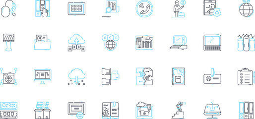 Cloud retention linear icons set. Archiving, Backup, Compliance, Data, Deduplication, Disaster Recovery, Document line vector and concept signs. E-Discovery,Encryption,Governance outline illustrations