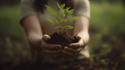 Naklejka na ściany i meble Environment Earth Day concept, In the hands of trees planting seedlings. Bokeh green background female hands holding tree on blurred nature field.