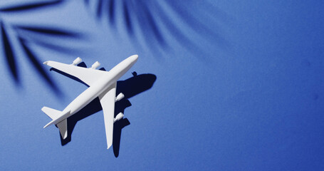 Close up of white airplane model with leaf shadow and copy space on blue background