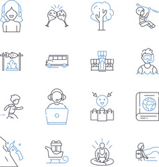 Road trek line icons collection. Adventure, Camper, Nomad, Travel, Freedom, Mobility, Wanderlust vector and linear illustration. Vanlife,Compact,Roadtrip outline signs set