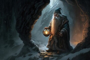 a man with a long beard holding a lantern in a snowy cave Generative AI