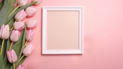 Mother's Day Gift concept Photo Frame Mockup Flat Lay Composition with Pink Tulips, Hearts, and Sprinkles on Pastel Pink Background	