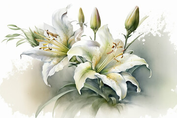 Generative AI. A branch close-up of white Lilly flowers. Watercolor painting illustration, isolated on white background.