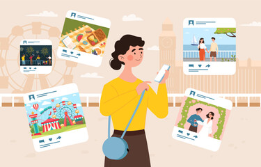 Sharing moments concept. Woman with smartphone on background of buildings publishes interesting content on social networks. Vacation and holiday. Cartoon flat vector illustration