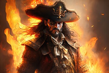 Naklejka premium a man in a pirate costume standing in front of a fire Generative AI