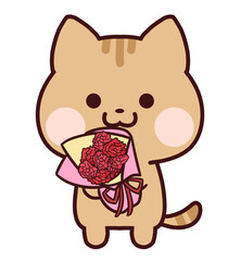 カーネーションの花束を持つトラ猫