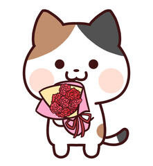カーネーションの花束を持つ三毛猫