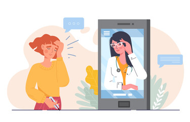 Fototapeta na wymiar Medical call concept. Woman with temperature calls doctor. Girl with thermometer stands and holds her head. Distance health consultation and care, medical advice. Cartoon flat vector illustration