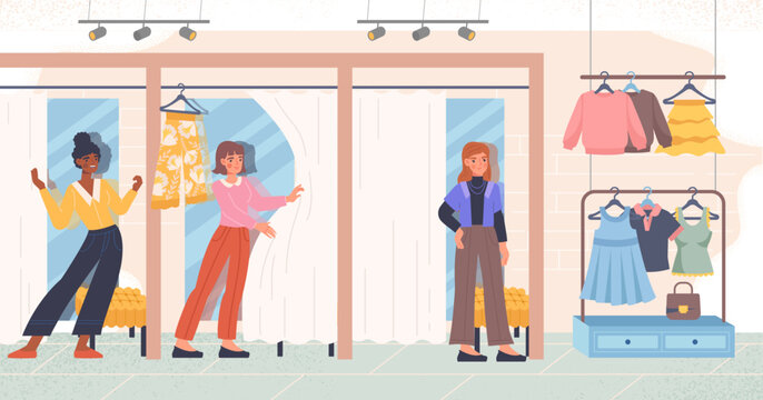 People at fitting room. Women in supermarket or clothing store put on clothes. Shopping and selection of fashionable pants and tshirts. Trend and style. Cartoon flat vector illustration