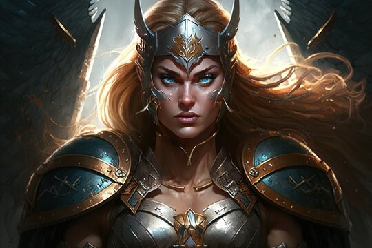 a woman in armor with wings on her head Generative AI