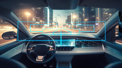 Self-driving autonomous car is driving on busy highway road in the city. Cockpit view. Concept of self driving mobility, machine learning, artificial intelligence and augmented reality. AI generated