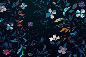 Fototapeta na wymiar a floral pattern with leaves and flowers on a black background with a blue border around it and a white border around the edges. generative ai