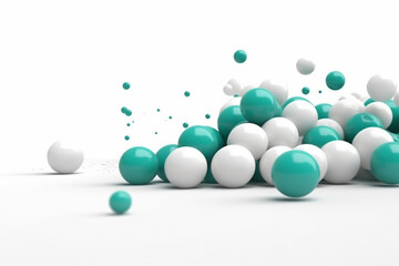 Close-up, ground-level macro view of moving 3D turquoise and white balls - background, copy space, isolated, Generative AI