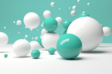 Close-up, ground-level macro view of moving 3D turquoise and white balls - background, copy space, isolated, Generative AI