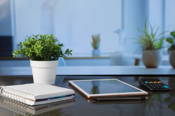 office furniture in luxurious unfocused office, business concept