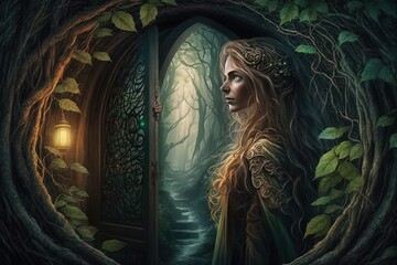 a woman standing in front of a doorway in a forest Generative AI