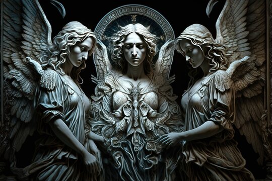 three angels standing next to each other in front of a black background Generative AI