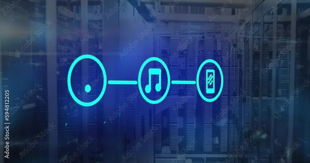 Poster animation of computer icons and connections over computer servers
